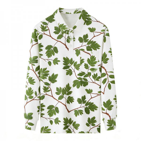 Women's White Long-Sleeve Polo Shirt with Full Green Leaf & Branch Print