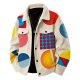 Men's Beige Pop Art Geometric Print Shirt Collar Jacket with Utility Pockets