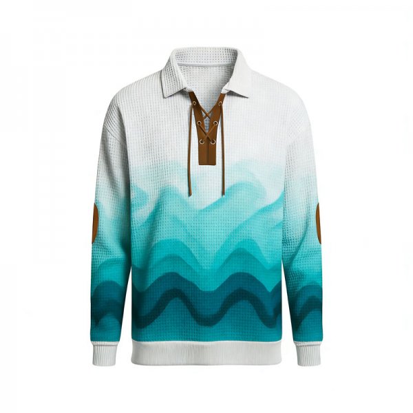 Men's Blue & White Gradient Wave Print Polo Collar Sweatshirt with Lace-Up Neck