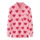 Women's Pink Long-Sleeve Polo Shirt with Full Red Heart Print