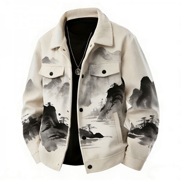 Men's Beige Chinese Ink Landscape Print Shirt Collar Jacket with Utility Pockets