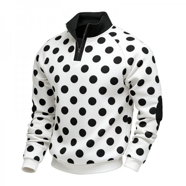 Men's White & Black Polka Dot Half-Zip Stand Collar Sweatshirt