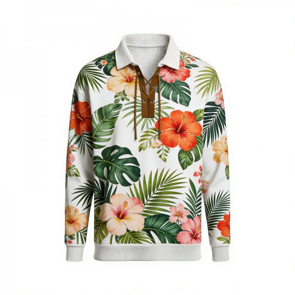 Men's Tropical Hibiscus & Palm Leaf Print Polo Collar Sweatshirt with Lace-Up Neck