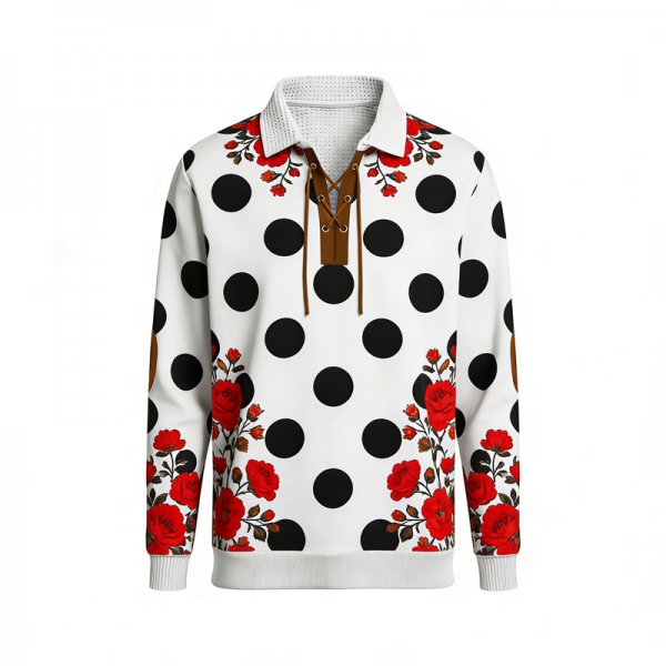 Men's Black Polka Dot & Red Rose Print Polo Collar Sweatshirt with Lace-Up Neck