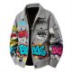 Men's Gray Colorful Graffiti Print Shirt Collar Jacket with Utility Pockets
