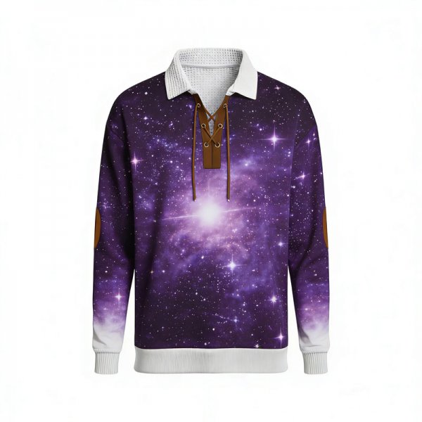 Men's Purple Galaxy & Star Print Polo Collar Sweatshirt with Lace-Up Neck