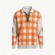 Men's Orange & White Plaid Print Polo Collar Sweatshirt with Lace-Up Neck