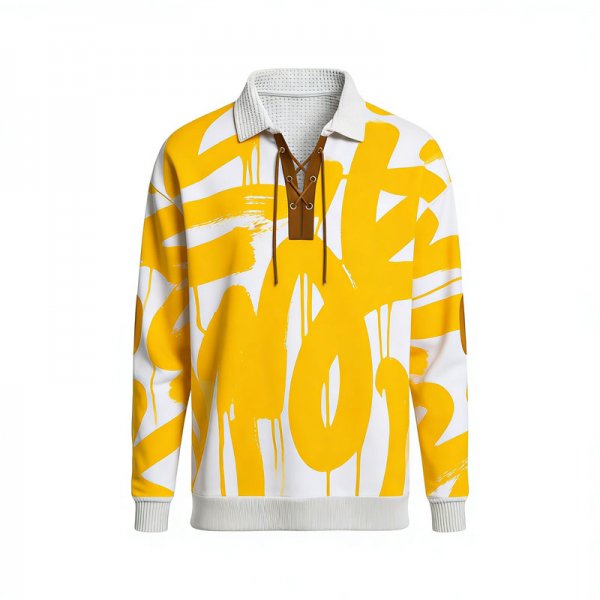 Men's Yellow & White Graffiti Brushstroke Print Polo Collar Sweatshirt with Lace-Up Neck