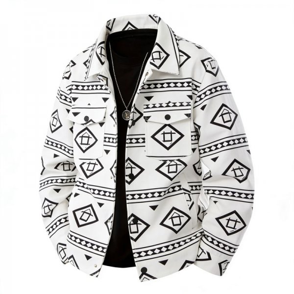 Men's White & Black Ethnic Geometric Print Shirt Collar Jacket with Utility Pockets