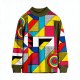 Women's Olive Collar High Neck Top with Colorful Pop Art Geometric Print