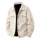 Men's Beige Line Art Figure Print Shirt Collar Jacket with Utility Pockets
