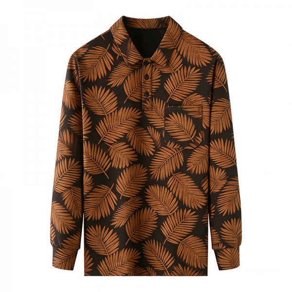 Women's Black & Brown Palm Leaf Print Long-Sleeve Polo Shirt